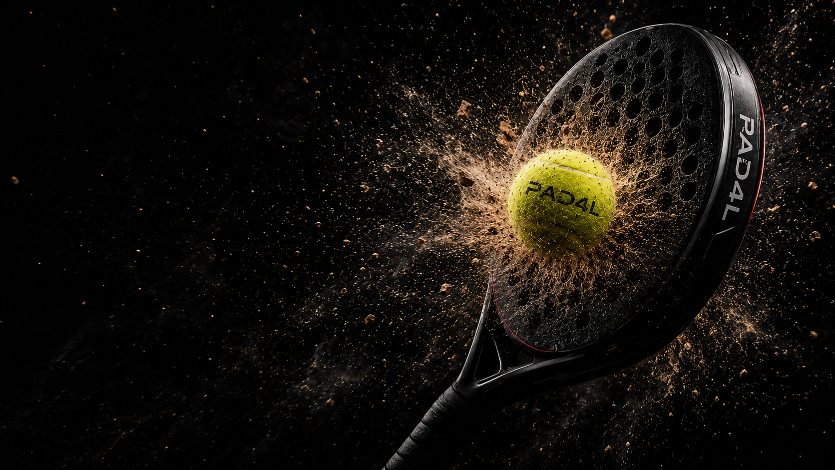 PAD4L racket striking a padel ball through clay and dust
